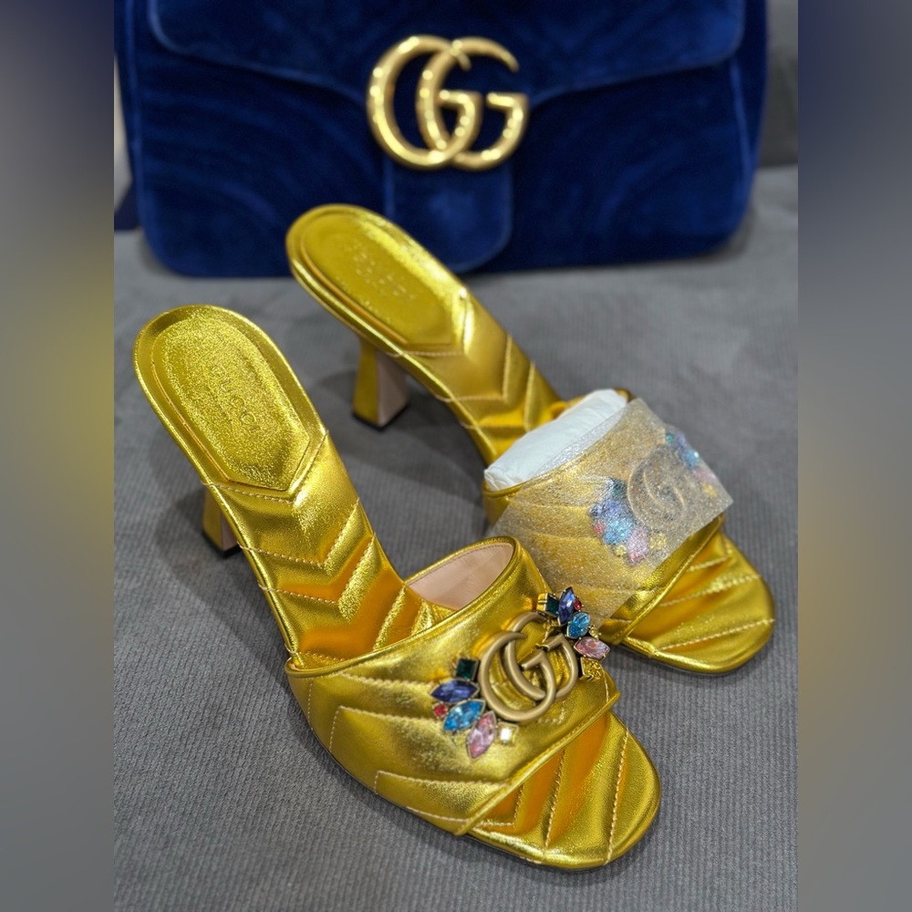 Gucci Double G Crystal Leather Slide Sandal - Picture 1 of 12